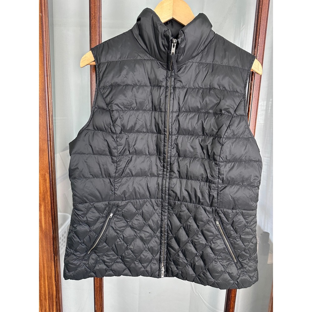 Talbots Black Down Puffer Vest Mixed Quilted Full Zip Women Large Preppy Outdoor